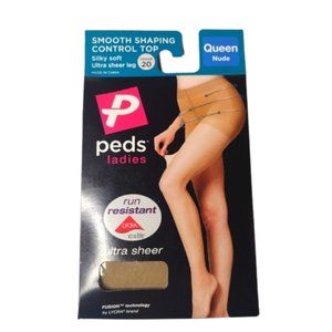 Pair Peds Ladies Smooth Shaping Control Top Pantyhose Sheer Leg Size Queen Nude